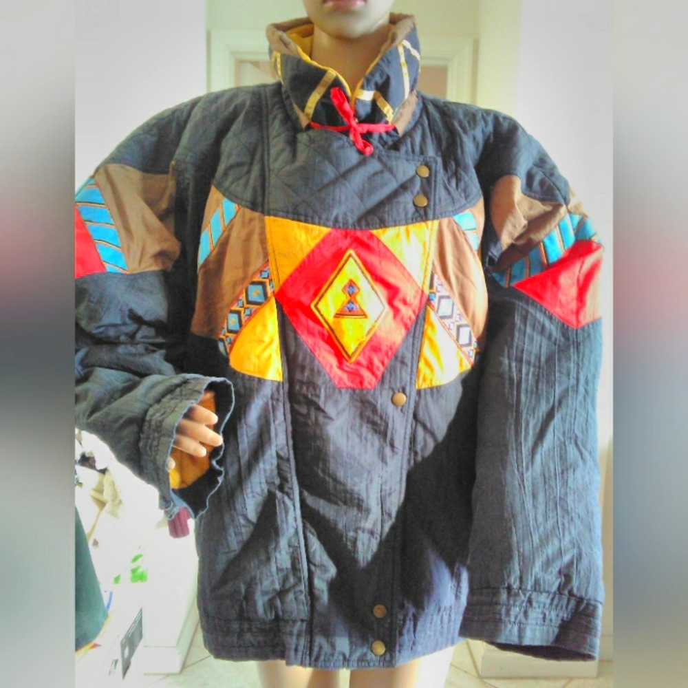 VINTAGE 1980s APRES SPORT PUFFER JACKET (AZTEC STYLE) SZ. LG  QUILT PAD ZIP/ BUT